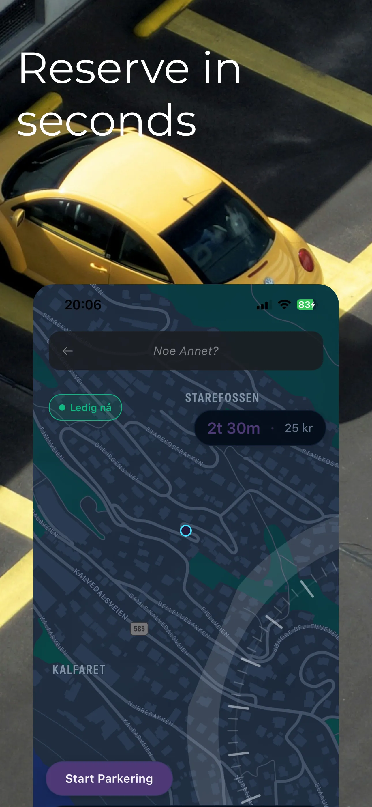 Parkshare app showing a parking reservation view over a city map.